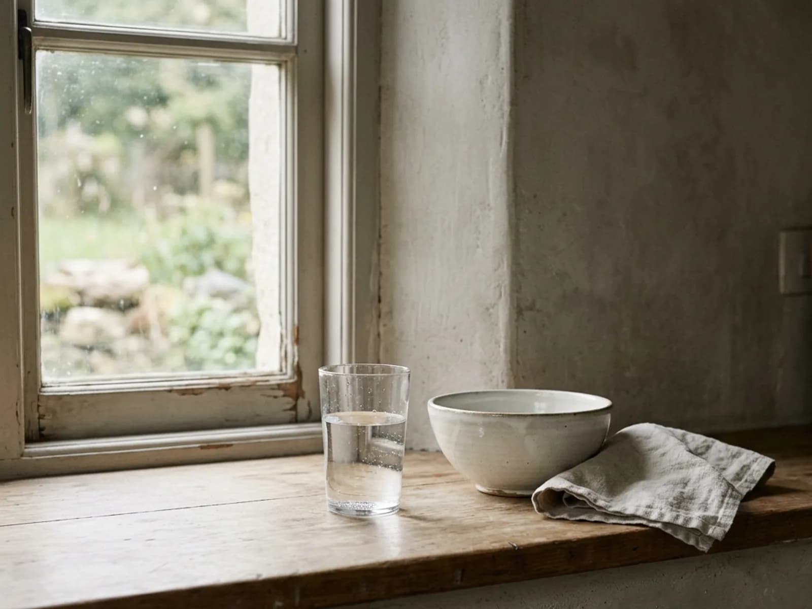 A glass of water, a ceramic bowl and a folded linen cloth on a wooden sill beside a garden window.